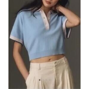 Anthropologie Short Sleeve Polo Collared Sweater Blue Large